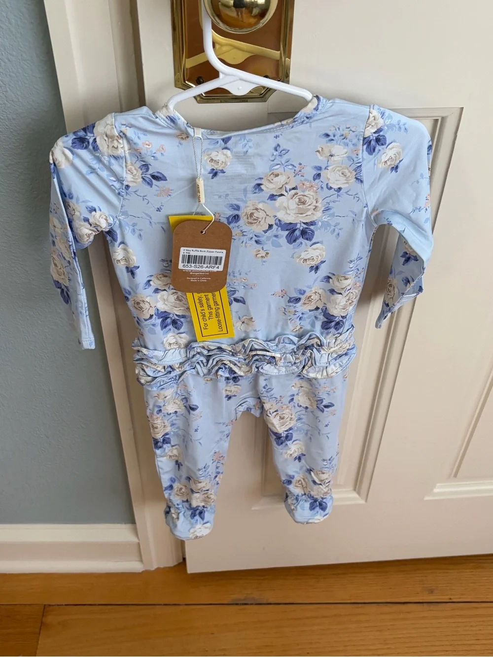 NWT Angel Dear Bamboo Light Blue Rose Floral Ruffle Back Footed One-Piece Pajama